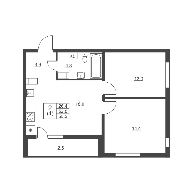 3-комнатная (Евро) квартира, 55.3 м² в ЖК "Ермак" - планировка, фото №1