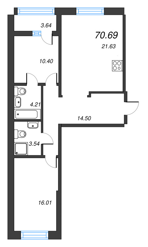 3-комнатная (Евро) квартира, 70.69 м² в ЖК "Чёрная речка" - планировка, фото №1