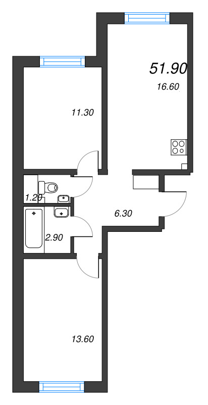 3-комнатная (Евро) квартира, 51.9 м² - планировка, фото №1