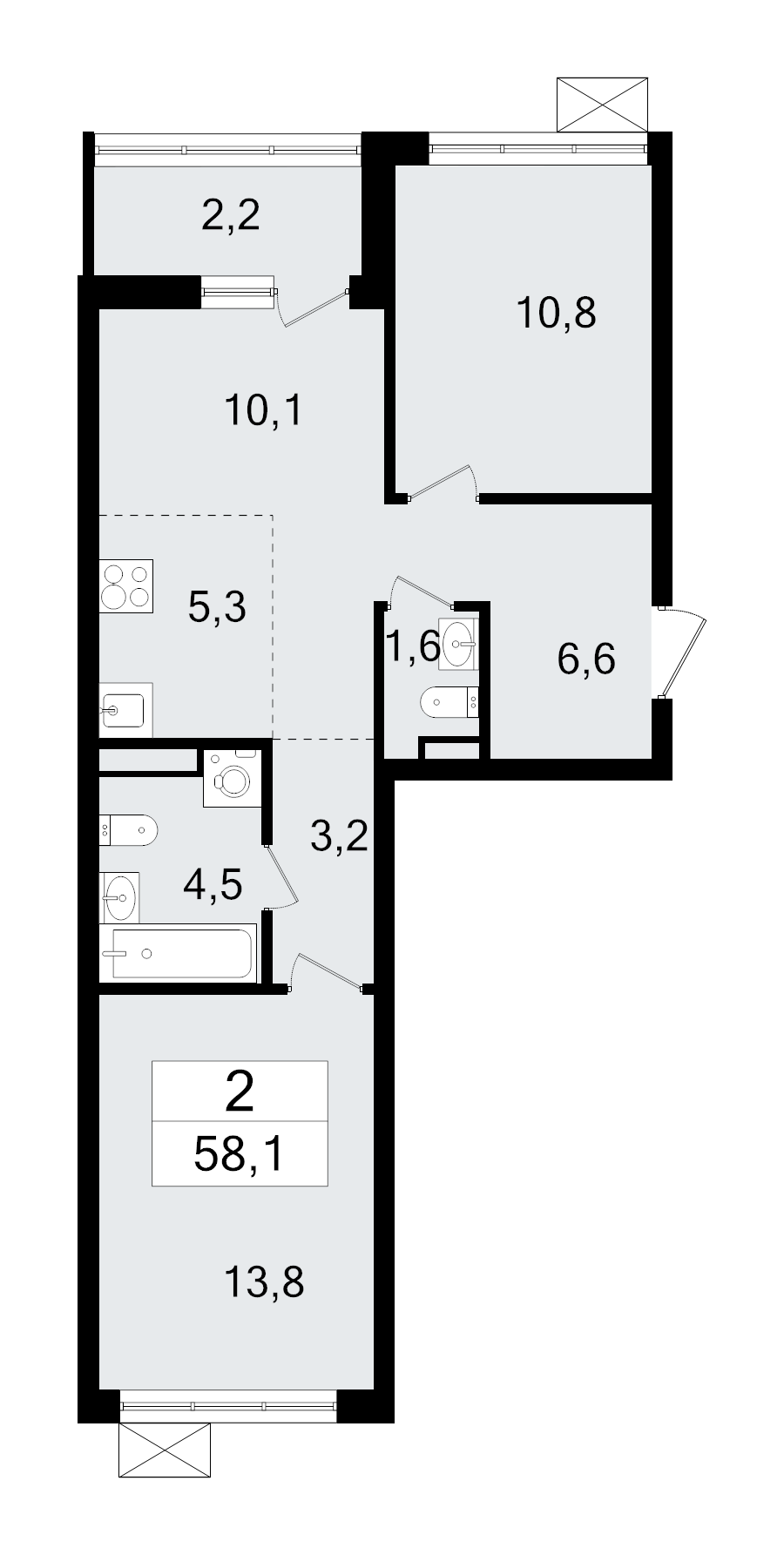 3-комнатная (Евро) квартира, 58.1 м² в ЖК "А101 Всеволожск" - планировка, фото №1