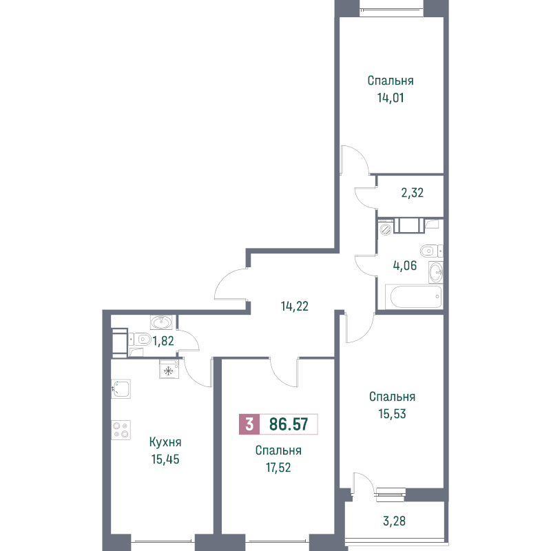 4-комнатная (Евро) квартира, 86.57 м² в ЖК "Фотограф" - планировка, фото №1