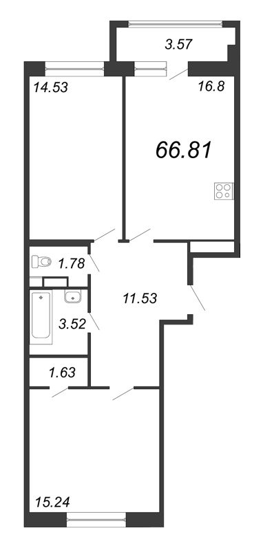 3-комнатная (Евро) квартира, 66.81 м² в ЖК "Modum" - планировка, фото №1