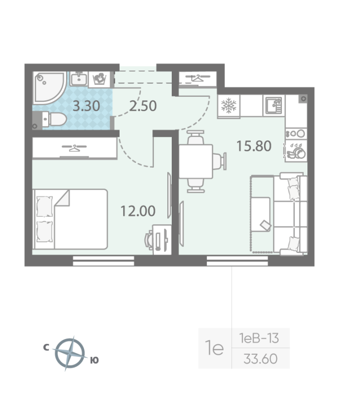 2-комнатная (Евро) квартира, 33.6 м² - планировка, фото №1