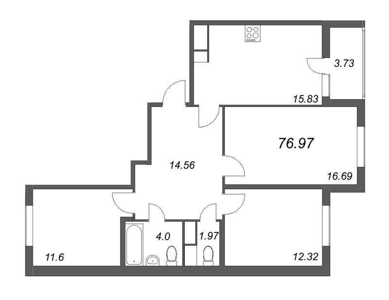 4-комнатная (Евро) квартира, 76.97 м² - планировка, фото №1