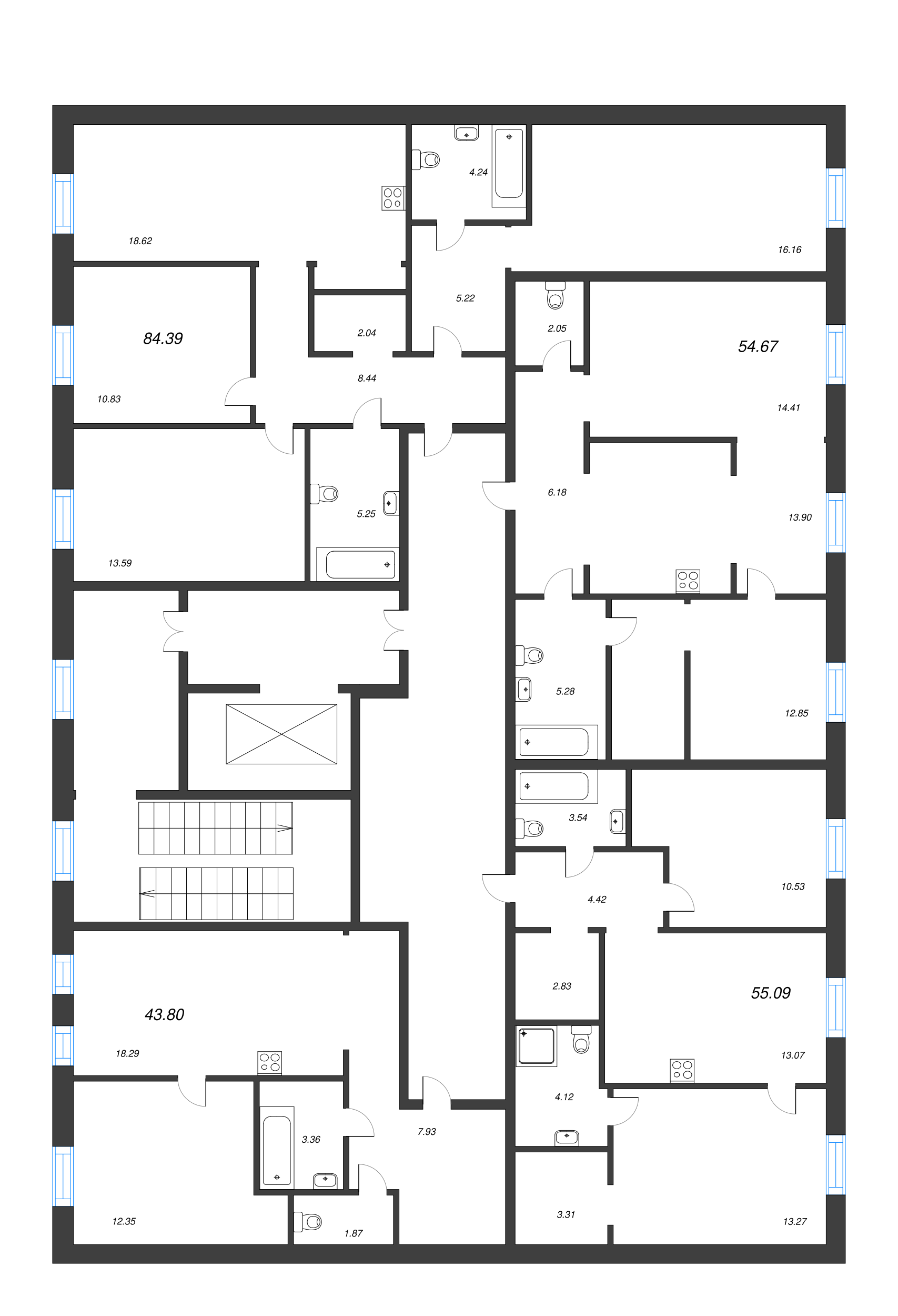 4-комнатная (Евро) квартира, 84.39 м² в ЖК "ID Park Pobedy" - планировка этажа