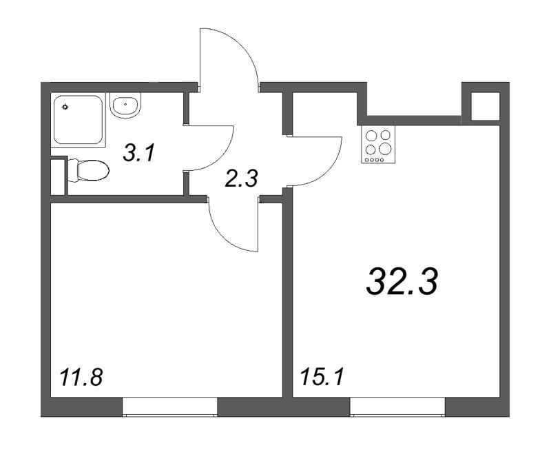 2-комнатная (Евро) квартира, 32.3 м² в ЖК "ЛСР. Ржевский парк" - планировка, фото №1