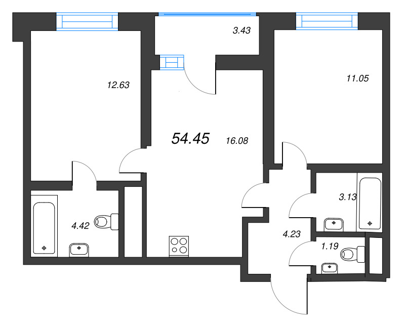 3-комнатная (Евро) квартира, 54.45 м² в ЖК "Искра-Сити" - планировка, фото №1