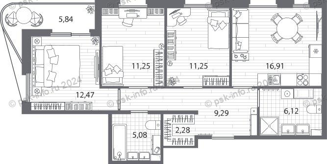 4-комнатная (Евро) квартира, 78.64 м² в ЖК "Respect" - планировка, фото №1