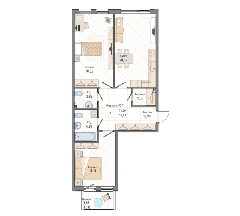 2-комнатная квартира, 77.4 м² в ЖК "Мануфактура James Beck" - планировка, фото №1