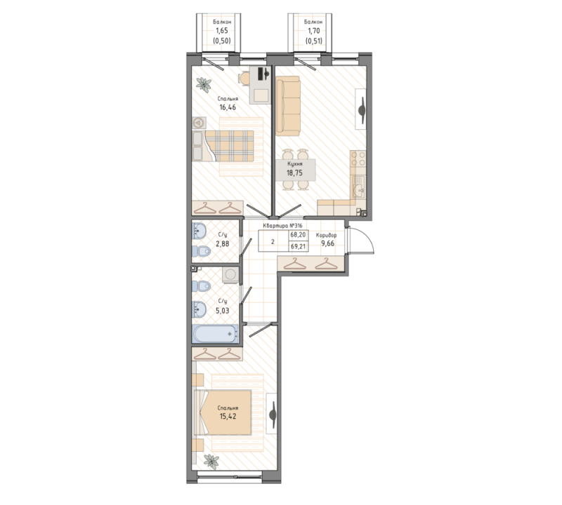 2-комнатная квартира, 70.1 м² в ЖК "Мануфактура James Beck" - планировка, фото №1