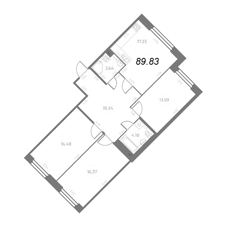 4-комнатная (Евро) квартира, 89.83 м² в ЖК "Огни Залива" - планировка, фото №1