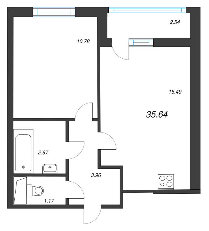 2-комнатная (Евро) квартира, 35.64 м² в ЖК "AEROCITY" - планировка, фото №1