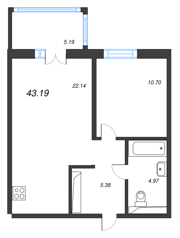 2-комнатная (Евро) квартира, 43.19 м² в ЖК "Черная речка, 41" - планировка, фото №1