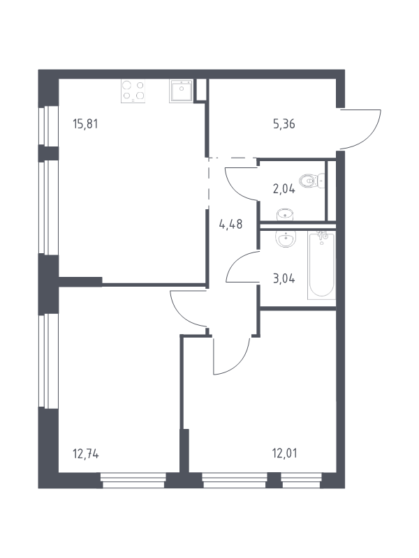 3-комнатная (Евро) квартира, 55.48 м² в ЖК "Новое Колпино" - планировка, фото №1