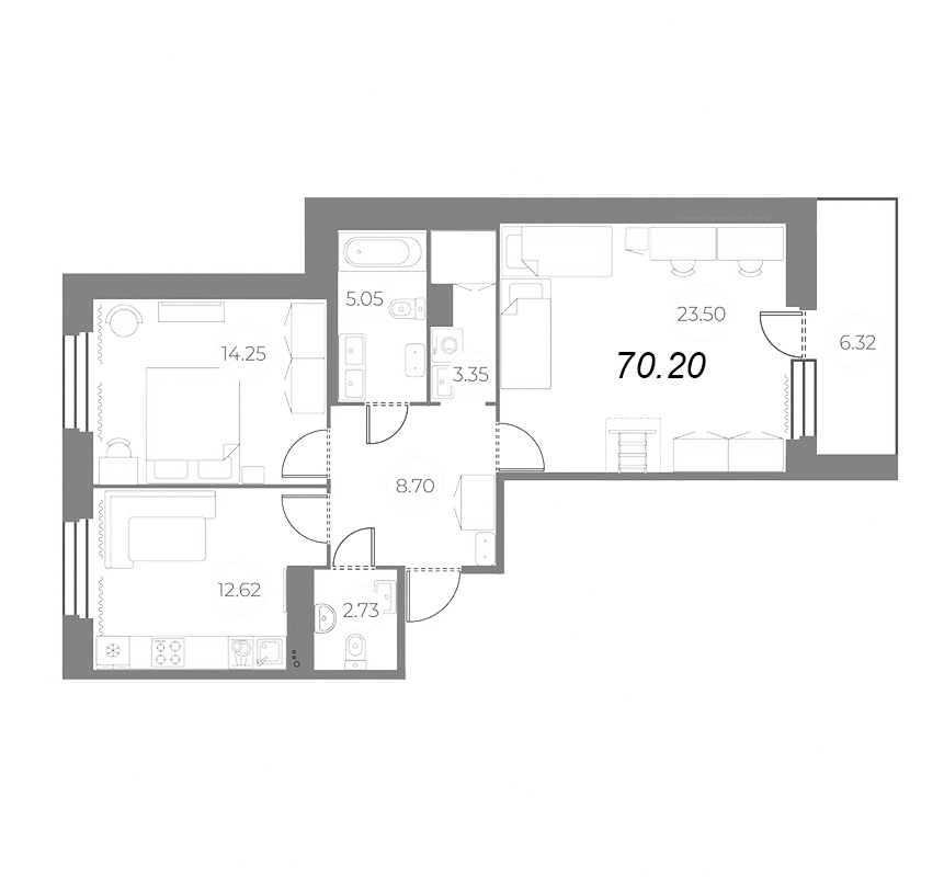 3-комнатная (Евро) квартира, 73.36 м² в ЖК "Огни Залива" - планировка, фото №1
