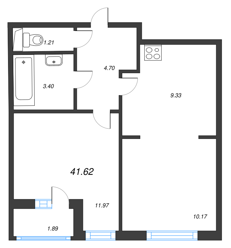2-комнатная (Евро) квартира, 41.62 м² в ЖК "AEROCITY" - планировка, фото №1