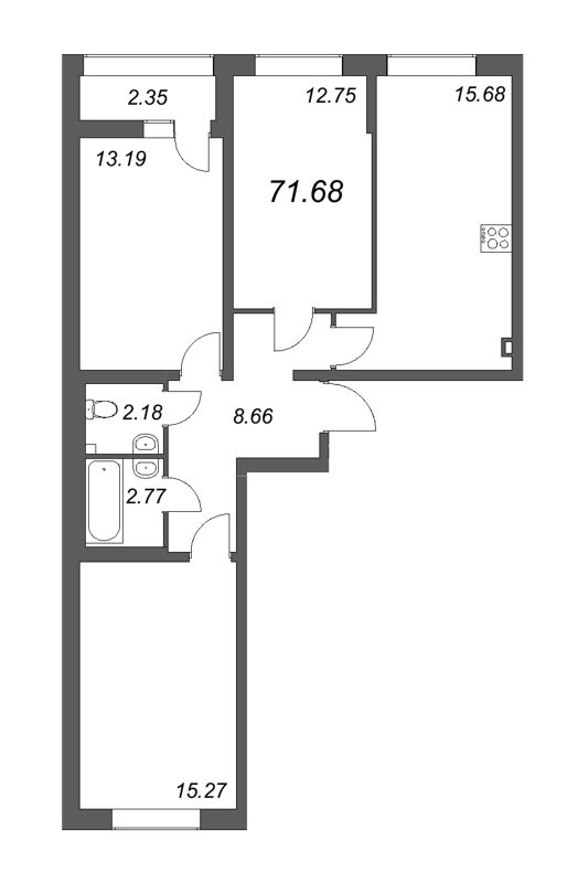 4-комнатная (Евро) квартира, 71.68 м² в ЖК "Морская набережная" - планировка, фото №1