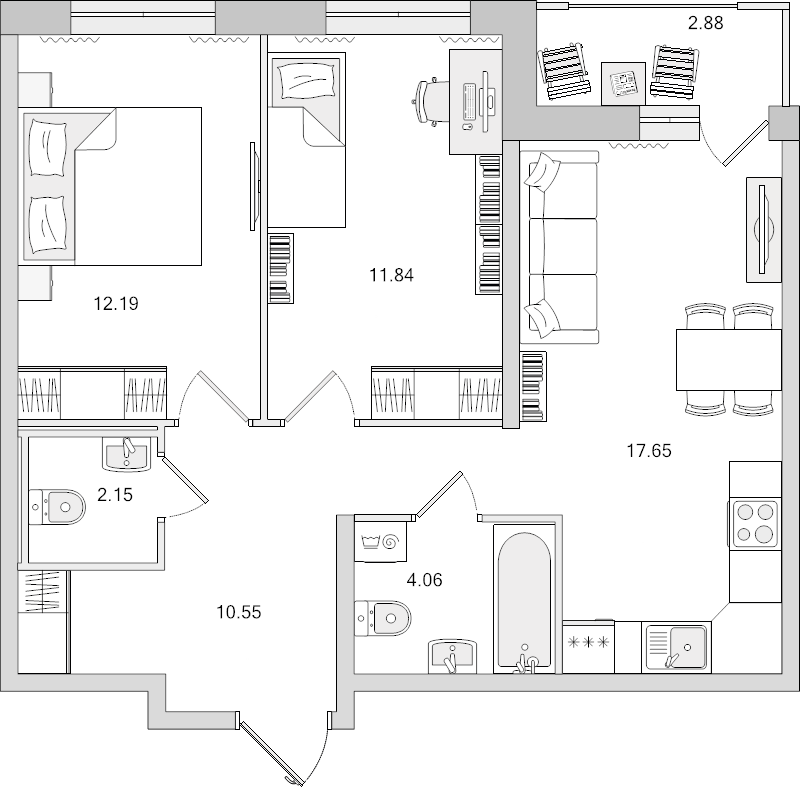3-комнатная (Евро) квартира, 58.44 м² в ЖК "Город Первых" - планировка, фото №1
