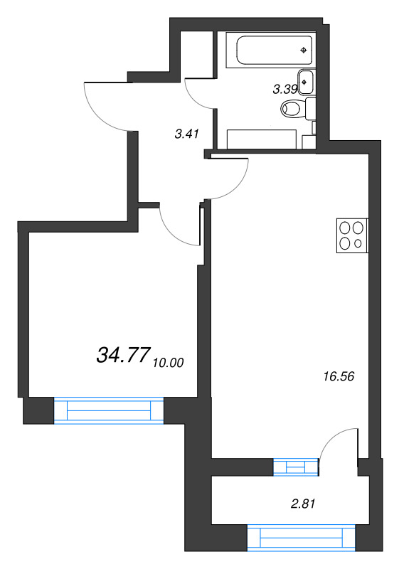 2-комнатная (Евро) квартира, 34.77 м² в ЖК "БелАрт" - планировка, фото №1