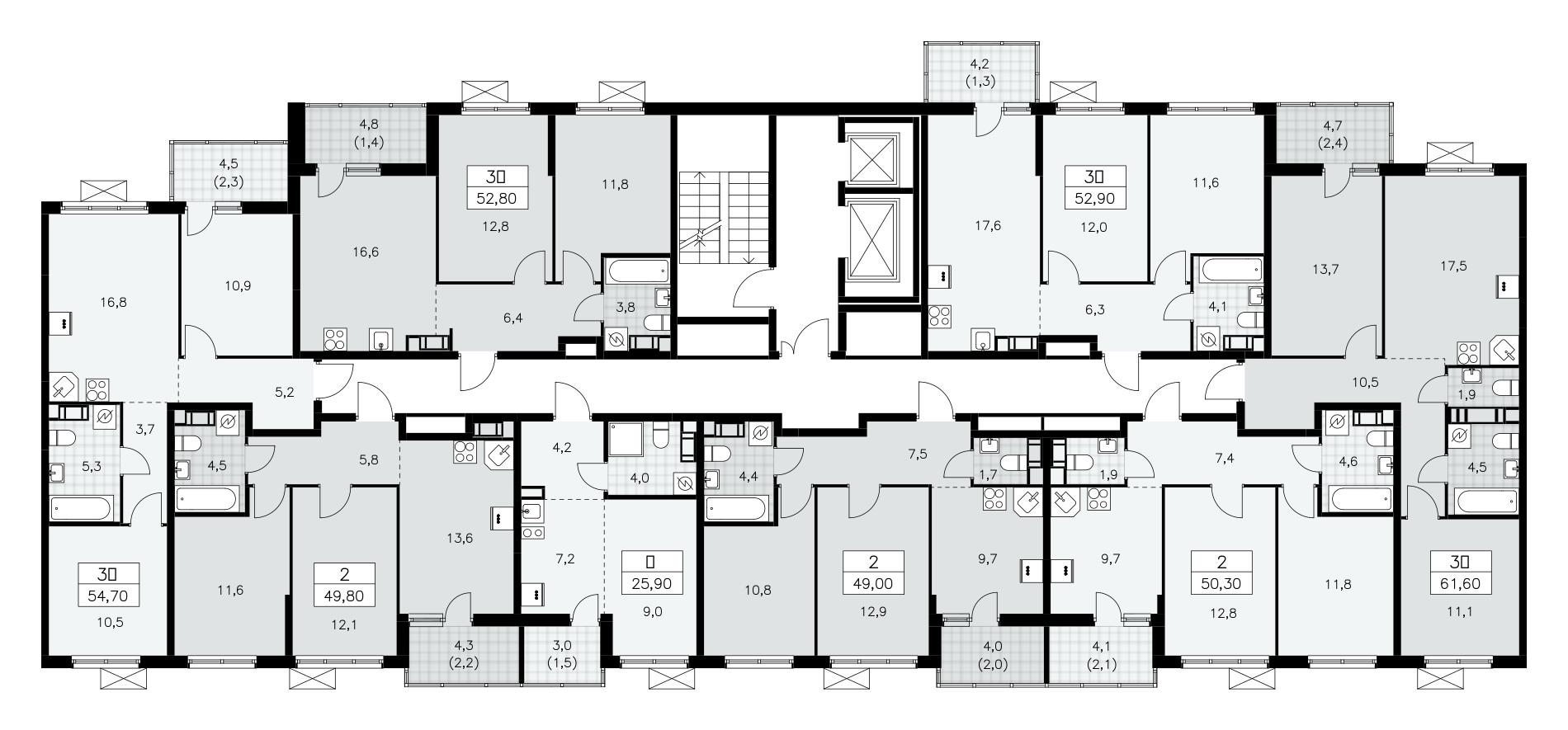 3-комнатная (Евро) квартира, 54.7 м² - планировка этажа