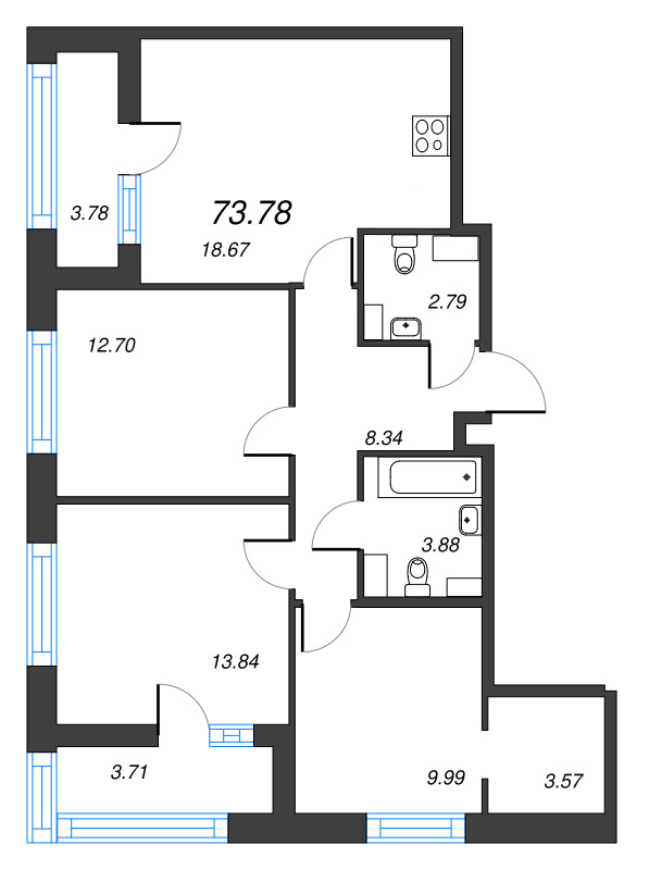 4-комнатная (Евро) квартира, 73.78 м² в ЖК "Б15" - планировка, фото №1