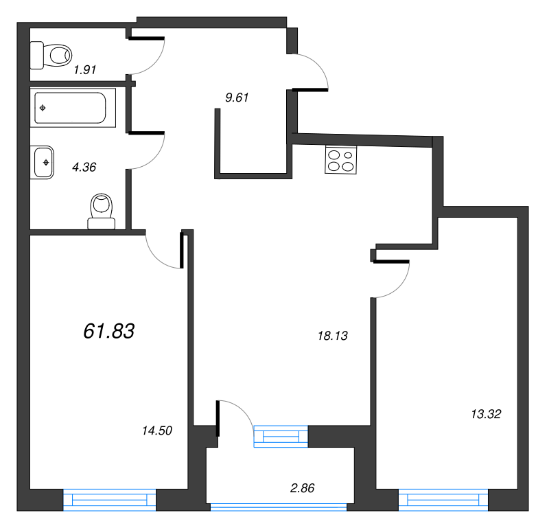 3-комнатная (Евро) квартира, 61.83 м² в ЖК "Город Первых" - планировка, фото №1