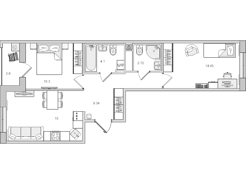 3-комнатная (Евро) квартира, 55.91 м² в ЖК "Город Первых" - планировка, фото №1
