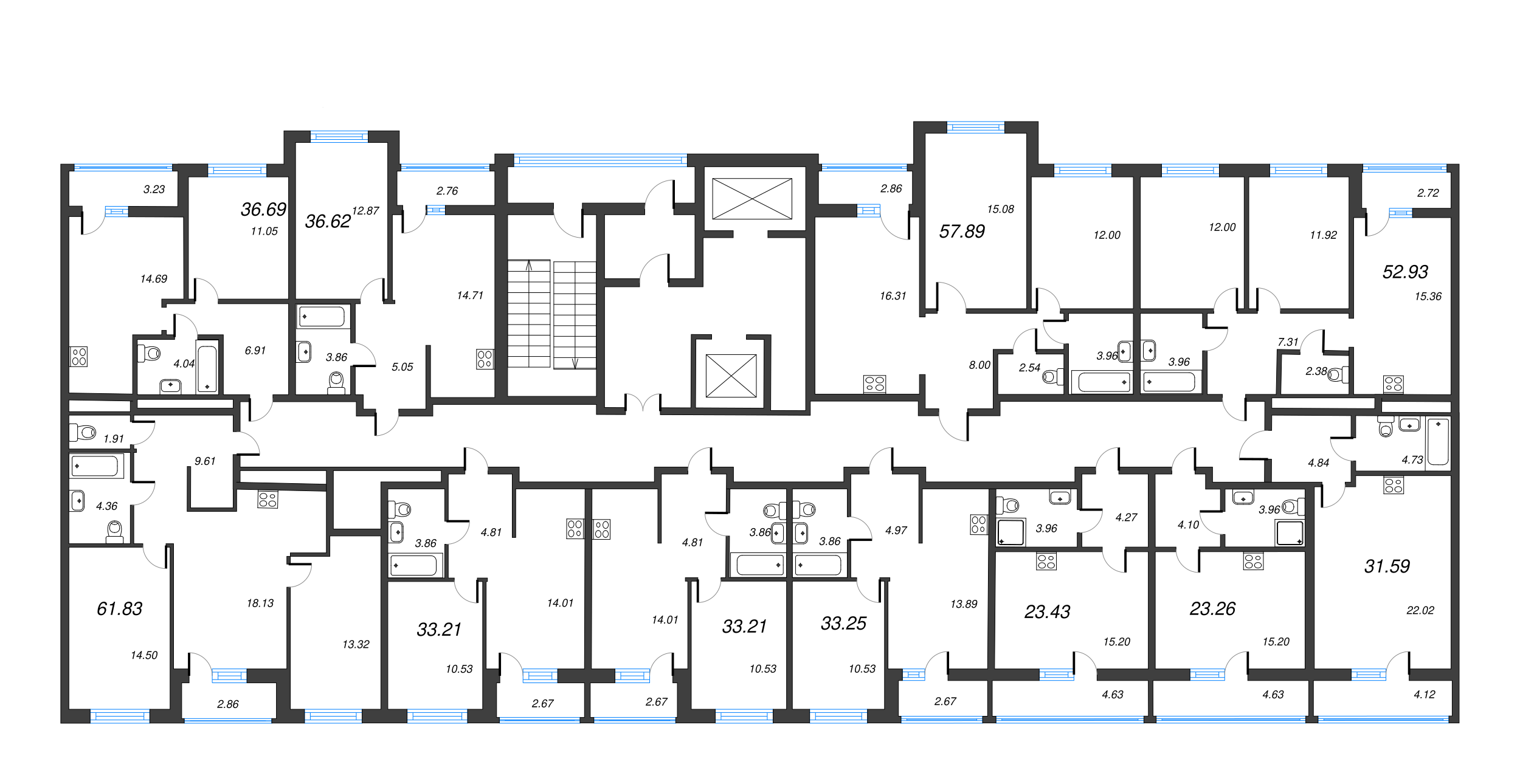 3-комнатная (Евро) квартира, 57.89 м² в ЖК "Город Первых" - планировка этажа