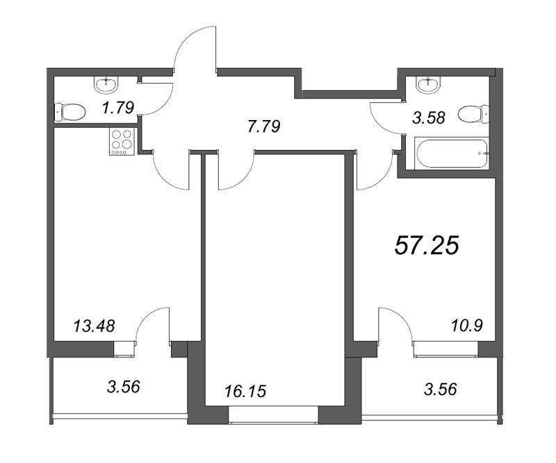 3-комнатная (Евро) квартира, 55.7 м² в ЖК "Аквилон Zalive" - планировка, фото №1