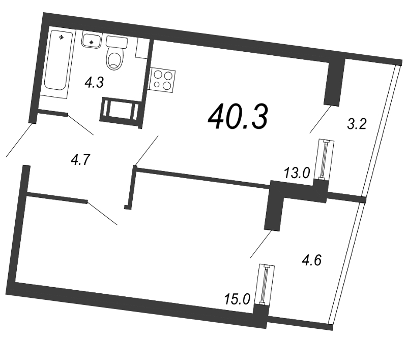 1-комнатная квартира, 40.9 м² в ЖК "Квартал Che" - планировка, фото №1