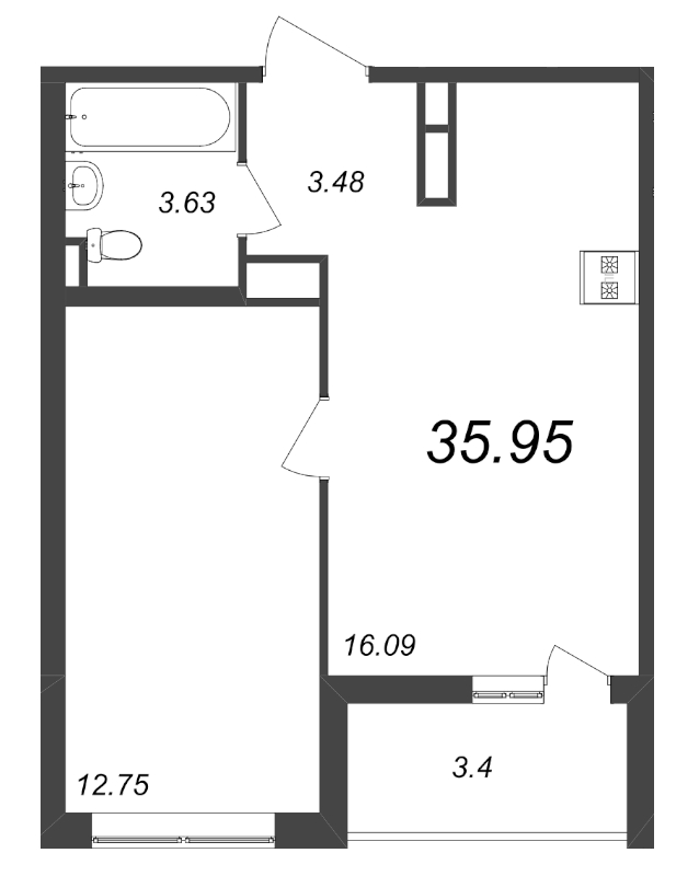2-комнатная (Евро) квартира, 35.95 м² - планировка, фото №1