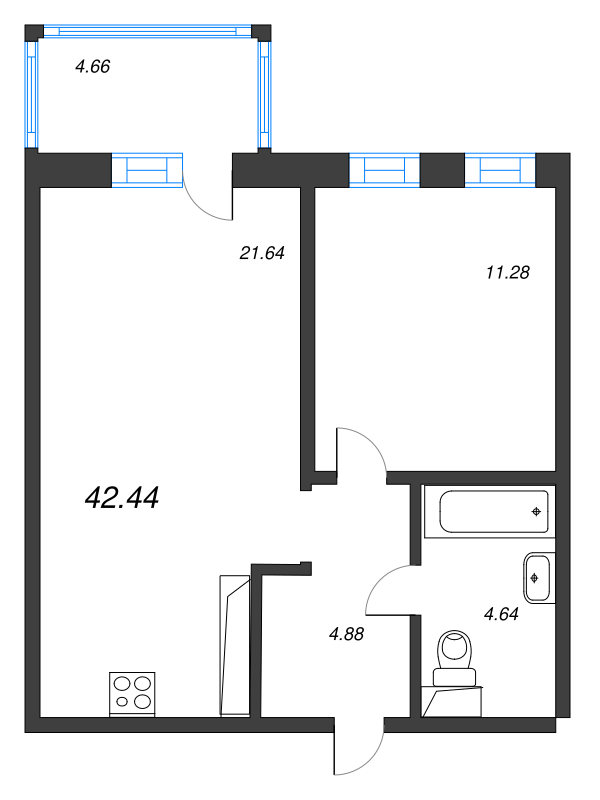2-комнатная (Евро) квартира, 42.44 м² в ЖК "Черная речка, 41" - планировка, фото №1