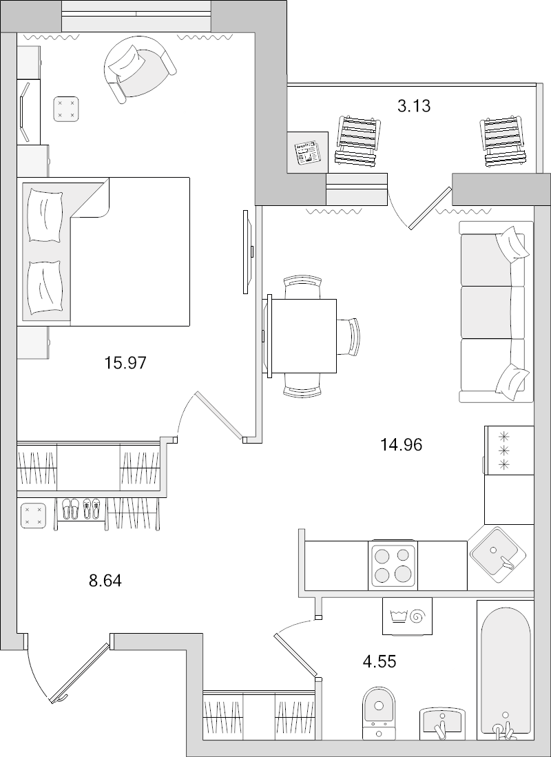 2-комнатная (Евро) квартира, 44.12 м² в ЖК "Город Первых" - планировка, фото №1