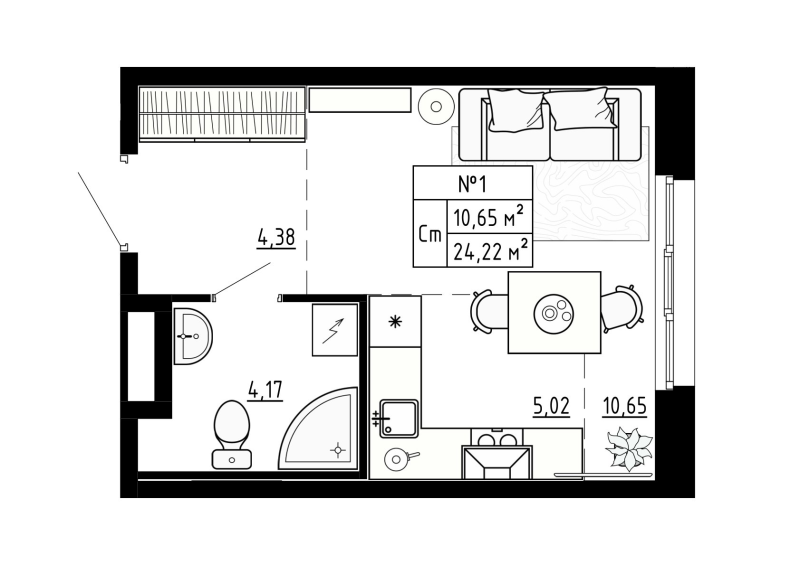 Квартира-студия, 24.22 м² в ЖК "Аннино Сити" - планировка, фото №1