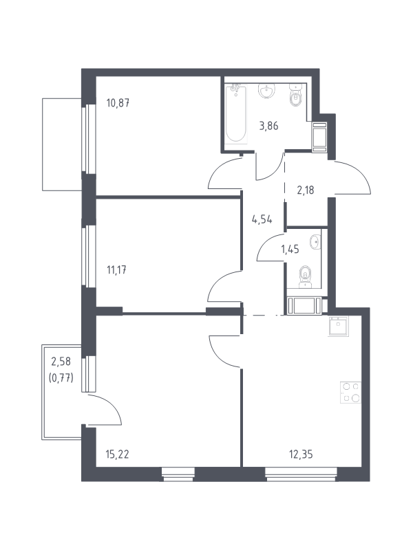 3-комнатная квартира, 62.41 м² в ЖК "Квартал Торики" - планировка, фото №1