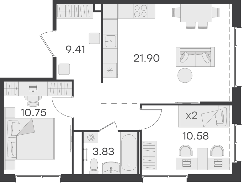 3-комнатная (Евро) квартира, 56.47 м² в ЖК "GloraX Парголово" - планировка, фото №1
