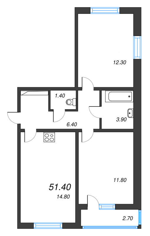 2-комнатная квартира, 51.4 м² - планировка, фото №1