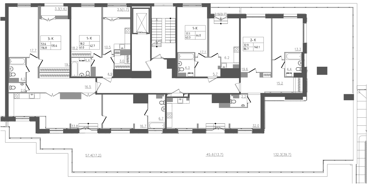 1-комнатная квартира, 44 м² в ЖК "Upoint" - планировка этажа