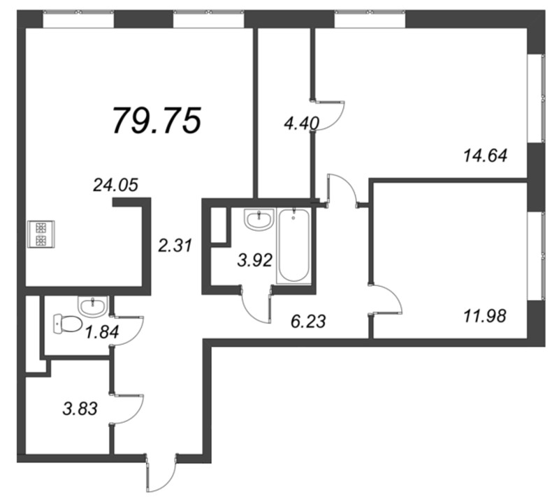 3-комнатная (Евро) квартира, 81.5 м² в ЖК "Малоохтинский, 68" - планировка, фото №1