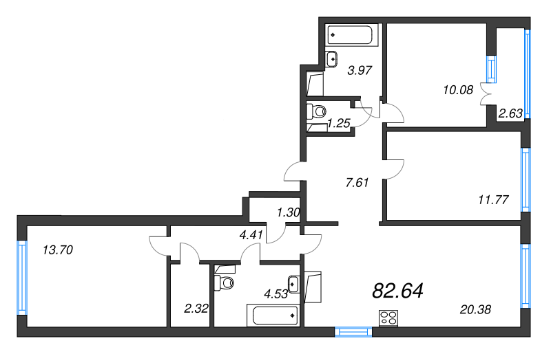 4-комнатная (Евро) квартира, 82.64 м² в ЖК "AEROCITY" - планировка, фото №1