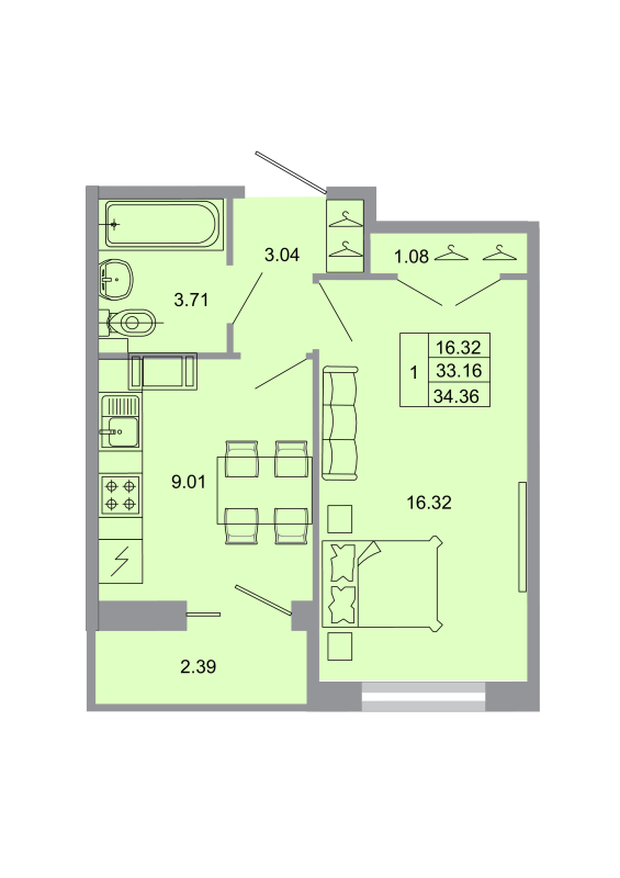 1-комнатная квартира, 33.6 м² в ЖК "Стороны света" - планировка, фото №1