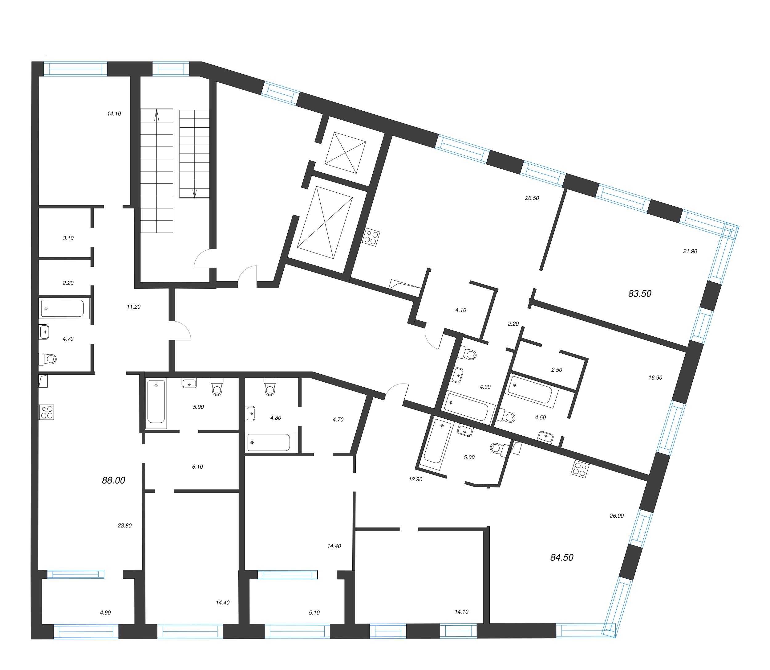 3-комнатная (Евро) квартира, 84.5 м² в ЖК "ЛДМ" - планировка этажа