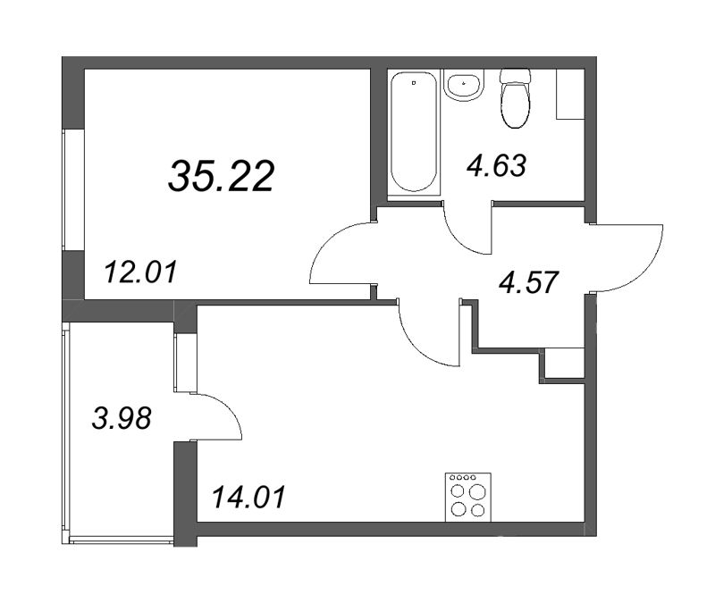 1-комнатная квартира, 35.22 м² - планировка, фото №1