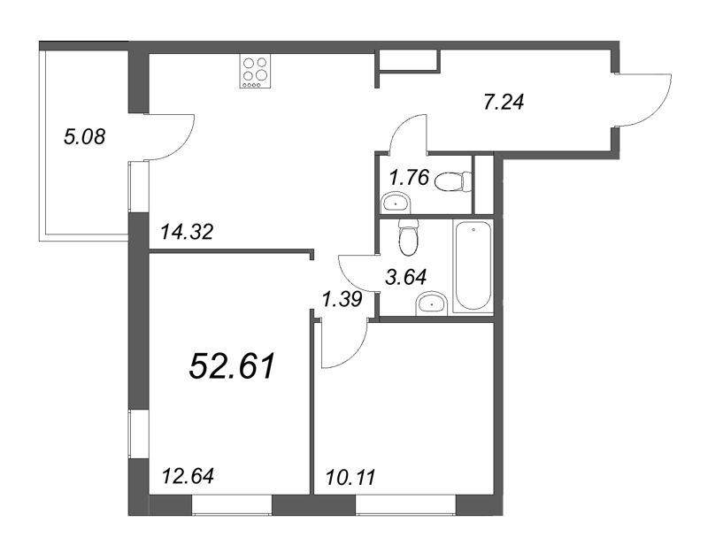 2-комнатная квартира, 52.71 м² - планировка, фото №1