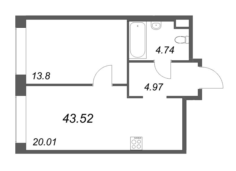 2-комнатная (Евро) квартира, 43.52 м² в ЖК "Avant" - планировка, фото №1