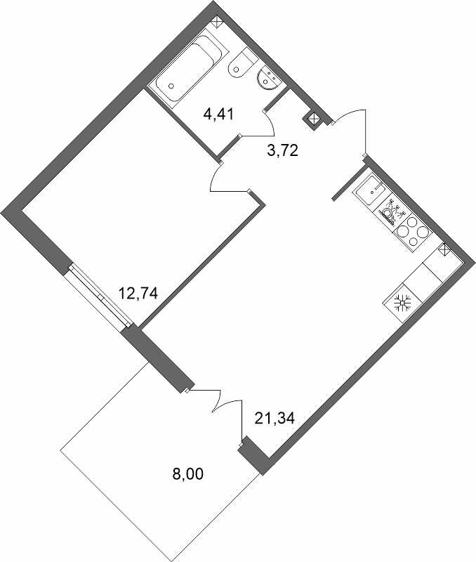 2-комнатная (Евро) квартира, 44.6 м² в ЖК "Счастье 2.0" - планировка, фото №1