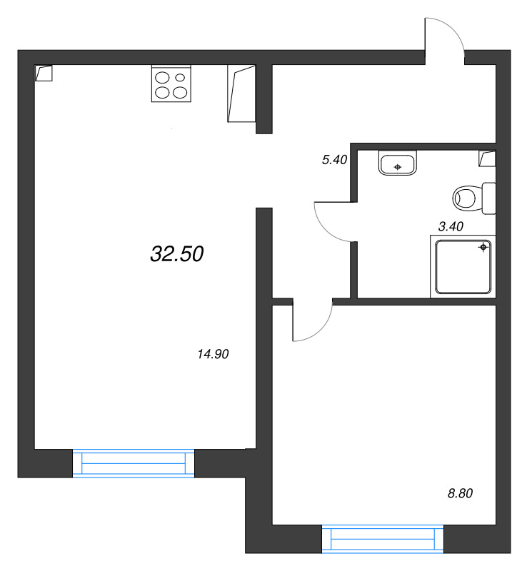 2-комнатная (Евро) квартира, 32.5 м² - планировка, фото №1