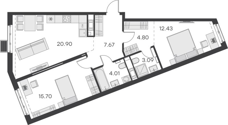 3-комнатная (Евро) квартира, 68.6 м² в ЖК "GloraX Балтийская" - планировка, фото №1