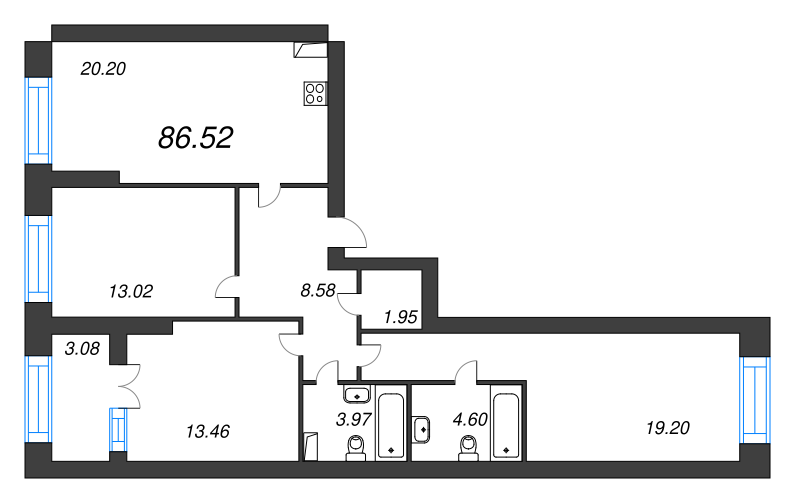 3-комнатная квартира, 86.52 м² в ЖК "Наука" - планировка, фото №1