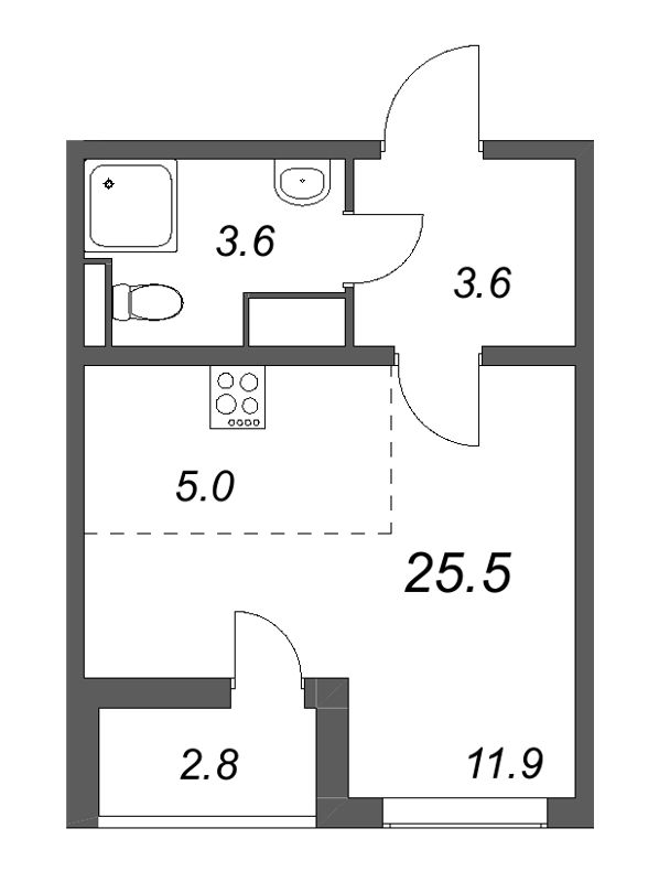 Квартира-студия, 25.5 м² в ЖК "Цветной город" - планировка, фото №1
